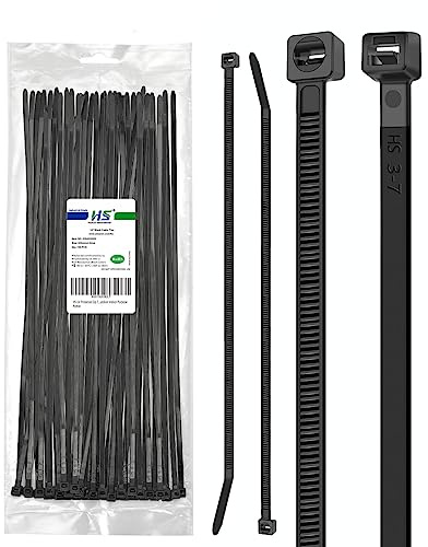 HS UV Protected Zip Ties 12 Inch (100 Pack) Self Locking Strong Plastic Wire Ties 12 Inch Black Nylon Cable Ties 50 LBS,Outdoor Indoor Purpose