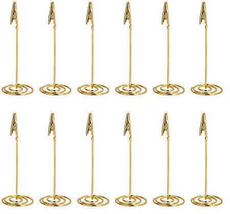 Place Card Table Number Holders - Small Metal Stands with Clips - Ideal for Memos, Food Labels, Weddings, Birthday Parties and Receptions - Gold (12-Pack)
