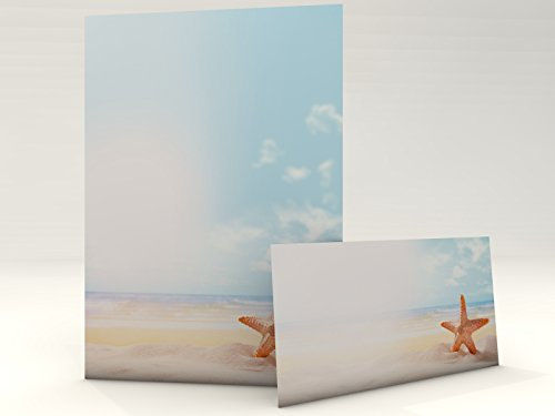 Sommer Urlaub Strand Motivpapier Set mit Briefumschlägen Seestern 100 Blatt A4 und 100 passende Kuverts