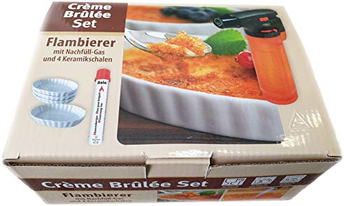 NOLA 864 - Juego de crème brûlée con Gas de Recambio y 4 Cuencos de cerámica/flambeador/Quemador de Cocina/butano/Quemador para flambear/caramelizar/gratinar/Hornear