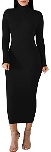 BORIFLORS Women's Sexy Basic Long Sleeve Turtleneck Bodycon Party Long Pencil Dress,X-Large,Black
