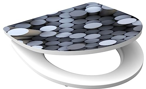 Skaka toalettsits rund dips med automatisk sänkning, högglansigt toalettlock med motiv och snabbförslutning för rengöring, duroplast toalettlock (max. belastning av toalettglasögon 150 kg), grå