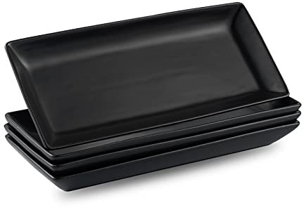 Gomakren Black Serving Platter Set of 4 - Porcelain Rectangular Plates for Christmas, Thanksgiving, Party - 10 Inch Dishes and Trays for Appetizer, Sushi - Black Serveware Gifts