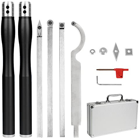 EUNEWR Drechseleisen,2 Gebogene Griffe Holz Drechselwerkzeug Drehmeißel Set,Drehstahl Drechselzubehör Drehmeissel mit 4 Hartmetall HSS Schnitzwerkzeuge,Aluminium-Tragetasche,für Bastel Heimwerker