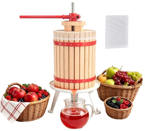 UISEBRT Pressa per Frutta - 12 Litri Torchio da Frutta in Legno Pressa per succhi Torchio Manuale per frantoio con Rete di pressatura, per la spremitura di Frutta Fresca nei Negozi (12L)