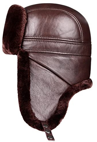ZHOUXIAO Winter Lederhut Aviator Hut Ohrlappen, Unisex Winddichte wasserdichte Mütze Echte Lederhüte Bomber Trapper Hut, Warme Jagd Hut Russian Kunstpelz Trooper Hut, Geschen brown-56-57CM