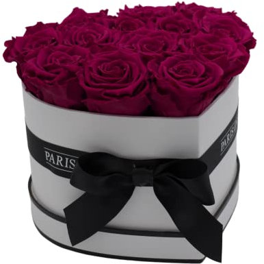 PARIS EN ROSE Rosenbox Herz in Pink | mit 13 konservierten Infinity Rosen in Größe XL | Ewige Rose | Box herzform weiß mit schwarz |3 Jahre haltbar | Grußkarte