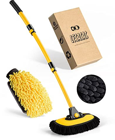 lesasas Car Wash Brush Kit with Extendable 50-102cm Handle, Soft Chenille Microfiber Mop & Mitt, 15° Bend Pole, Scratch-Free Auto Cleaning Tool for Car Van SUV Exterior