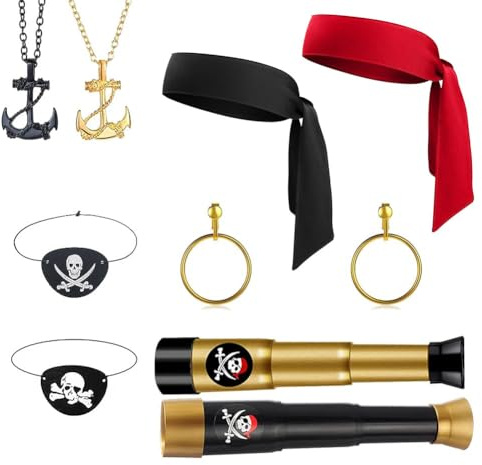 SIEBOLD 10 Stück Piratenkostüm Zubehör Set,Mit Piraten Augenmaske,Fernrohr,Halskette,Kopftuch,Ohrringe,Dekoration Zubehör für Piratenkostüm Cosplay Party Dekoration