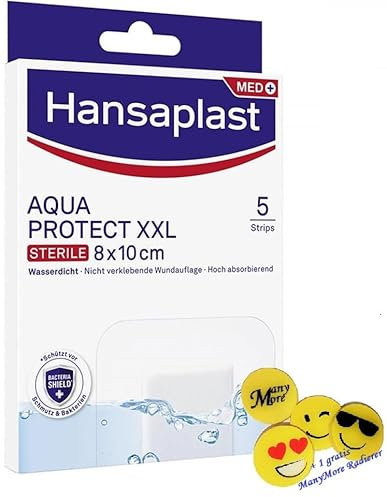 Hansa plast Aqua Protect XXL - 5 Pflaster Strips wasserundurchlässig - je 8 x 10 cm - wasserdichter Wundverband +gratis ManyMore Radierer