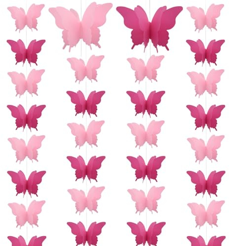 Ruidee 4 Stück Papier Schmetterling Banner 2.8m 3D Schmetterling Girlande zum Aufhängen Bunte Schmetterlings Papiergirlande für Hochzeit,Geburtstag Party Dekoration (HD/Pink)