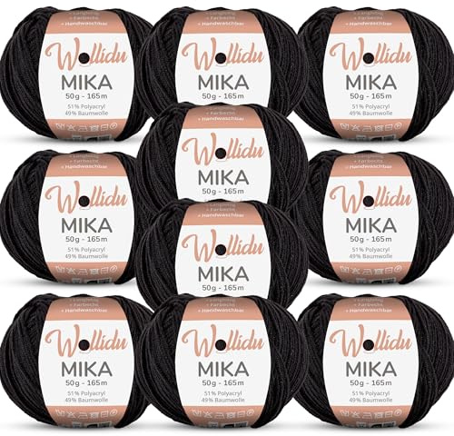 Wollidu Mika 51% Polyacryl 49% Baumwolle zum Häkeln und Stricken 10x 50g/165m Oeko-Tex Strickgarn Häkelgarn - Schwarz