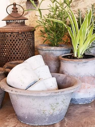 Vintage Hyacinth Bowl, Succulent Planter, Large Plant Pot, Terracotta Plant Pot, Rustic Weathered Bowl for Flower Bulbs, Herbs & House Plants, Orange & Grey Garden Pot