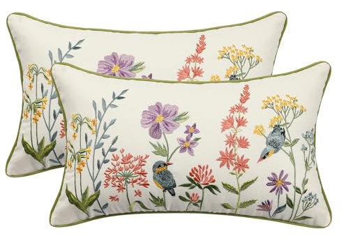 Tosleo Throw Pillow Covers Flower Embroidery 12 x 20 inch Spring Summer Cushion Cover Pillowcase Floral Set of 2 Pink Flower Decorative for Garden Sofa Living Room Bed Couch Car Gift Home Deco