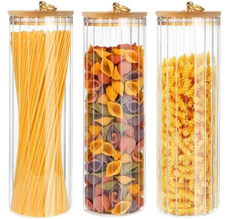 YIK TUNG Barattoli con coperchio, 2200 ml, grandi contenitori in vetro per la conservazione della cucina, set da 3 contenitori in vetro con coperchio in bambù, per spaghetti, pasta, pasta, farina