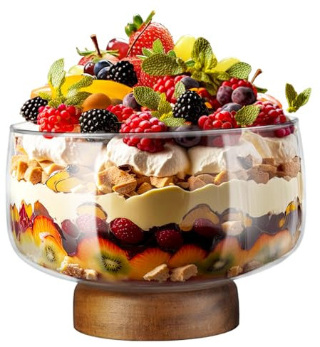 NiHome Grande ciotola in vetro da 3,6 l, con elegante supporto in legno di acacia, versatile piatto da portata per torte, insalate, dessert, elegante esposizione per feste, matrimoni, occasioni