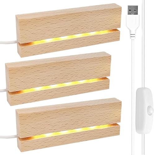 Mecctuck Led Sockel, 3 Stück LED Lichter Display Basis, Lichtsockel, Holz Desktop Leuchten Sockel, Led Display Basis, Holz Beleuchtete USB-Lichtsockel, Rechteckig Holzsockel Display Ständer