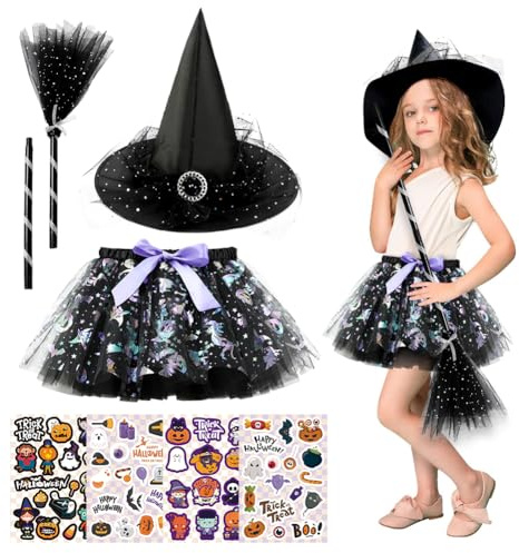 ZJILIXIA Disfraz De Bruja De Halloween,Disfraz Bruja Niña Tutu 3-8 Años,Faldas De Tutú De Hadas Con Sombrero De Bruja,Escoba Y 4 Pegatinas De Halloween,Para Halloween Carnaval Cosplay Fiesta (Negro)