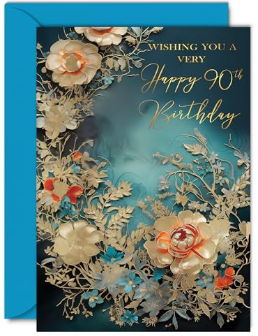 Wunderschöne goldene Geburtstagskarte zum 90. Geburtstag für Damen und Herren, wundervolle goldene Blumen, elegante, traditionelle, hübsche Geburtstagskarte für 90-jährige Frau, Mann, Ihn, 12,7 x 17,8