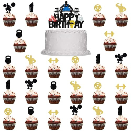 25 Stück Fitness Kuchen Dekorationen, Glitzer Sport Fitness Tortendeko | Gym Kuchendeko, Bodybuilder Kuchen Deko, Hantel Cupcake Deko für Männer Sport Thema Party