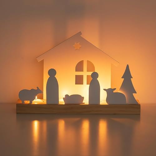 Romadedi Krippe Weihnachten Kerzenständer Set: Weihnachtskrippe Indoor Dekorationen Klein mit Holzsockel Weißes Krippenset für Tisch Kaminmantel Ideal für Weihnachtsdekoration