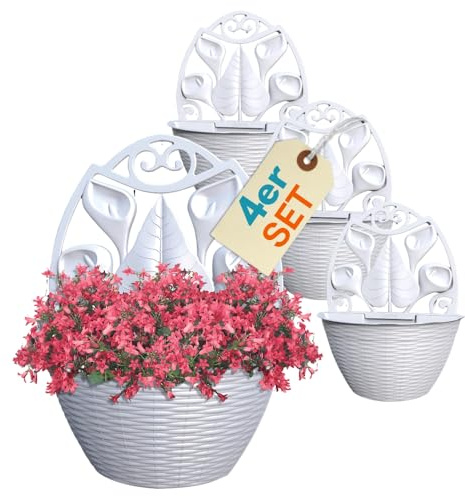 GarPet 4er Set Blumentopf Wand Blumentopf Wandmontage Wandblumentopf Wandvasen für Pflanzen Pflanzen Wandhalterung Wandtopf Außenbereich 32 cm Weiß Rattan Optik