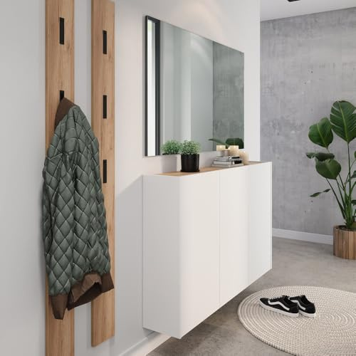 Lomadox Garderoben-Set 4-teilig in weiß mit Eiche | Flurgarderobe Modern mit Spiegel und Kommode