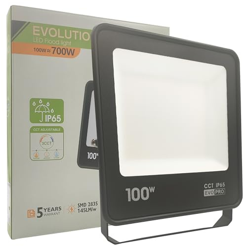 FactorLED Foco LED Exterior 100W (700W), 11000Lm, Reflector EVO PRO, Impermeable IP65, CCT Luz Seleccionable 3000K 4000K y 5700K, para Jardín, Garaje, Terraza y Patio