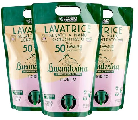 Lavanderina, Detersivo Lavatrice Fiorito Concentrato, 50 Lavaggi, Detersivo Liquido, Eco Busta, 2000 ml x 3 Pack, Detergente per Lavatrice Profumato e Eco-Friendly