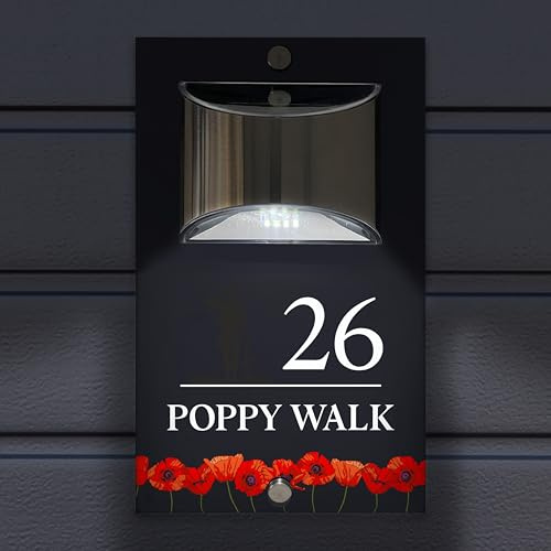 Custom Signs Solar Illuminated Modern Anthracite Grey House Number Sign 24cm x 14.5cm Rememberance Day Flower Field Design
