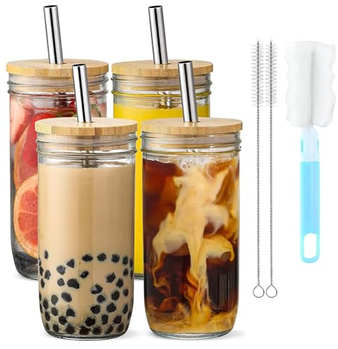 Hikrxya 4 Pack Drinking Glasses Cups with Bamboo Lids & Straw - 710ml/24oz Can Shaped Glass Cups Set - Iced Coffee Cup Beer Glasses Tumbler for Cold Drinks Cocktail Coffee Juice Soda