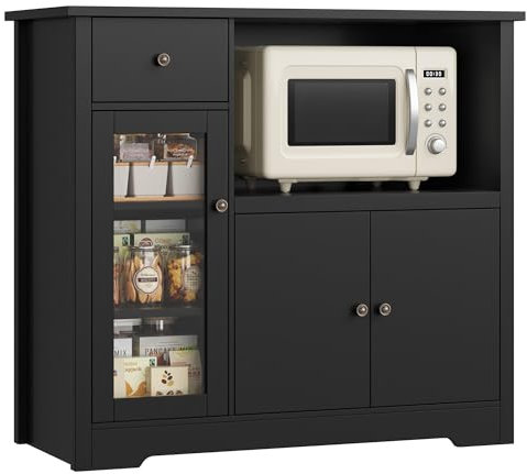 HOCSOK Kitchen Cupboard, Black Kitchen Storage Cabinet with Doors, Microwave Counter and Adjustable Shelves, Modern Sideboard for Dining Room, Living Room, 90 x 40 x 82 cm