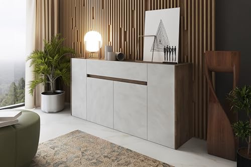 Credenza Moderna Madia In Melaminico Con 4 Ante E 1 Cassetto Mobile Contenitore Sala da Pranzo Soggiorno Design Senza Maniglie Elegante Capiente 170 x 85 x 40 cm (Noce Spatolato)