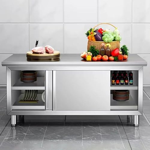 GDBTDL Tavolo da lavoro in acciaio inox con ante scorrevoli, tavolo cucina professionale robusto, piano di preparazione con mobile contenitore,per ristorante, hotel, catering e garage domestico
