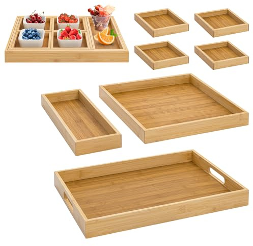 Wood Serving Trays with Handles, Set of 7 Rectangular Platters, Nesting Bamboo Tray for Breakfast in Bed, Entertaining, Couch, Party, Breakfast, Coffee Table, Home Decor