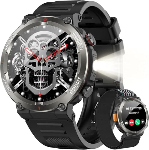 Yxtel Smartwatch Uomo Militare, Orologio Fitness 1.45 con Chiamate Bluetooth, 100+ Modalità Sportive, 960 mAh, Monitoraggio Sonno e Cardiofrequenzimetro, Torcia e Bussola, Compatibile IOS/Android