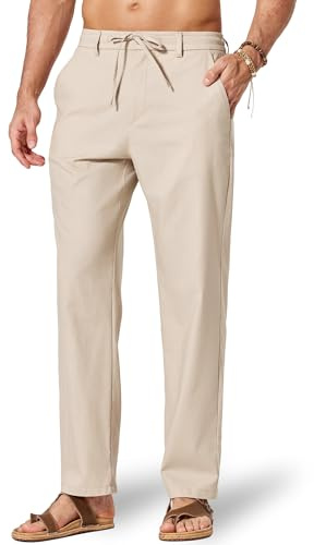 COOFANDY Pantalon d'été Homme Coton Lin Taille élastiquée Cordon de Serrage léger décontracté Beige XL