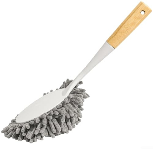 Drivstraw Plumero de chenilla con mango de madera, cabezal de cepillo desmontable lavable para limpiar muebles de cristal, herramienta de eliminación de polvo seco y húmedo, 31 x 12 cm (9920 blanco)