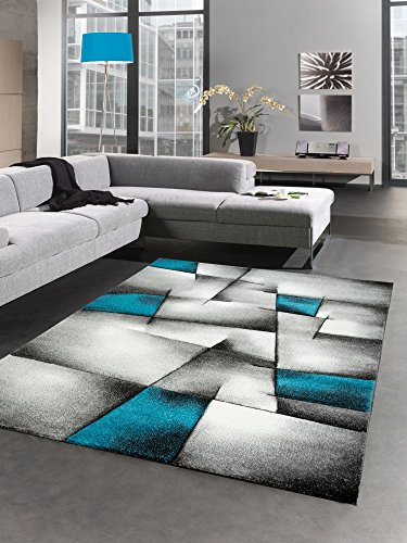 CARPETIA Teppich Abstraktes Karomuster Türkis Grau Schwarz 80x150 cm | Angenehm weich, pflegeleicht und strapazierfähig, mit Konturenschnitt, OEKO-TEX geprüft, für Wohn-, Schlaf- & Jugendzimmer