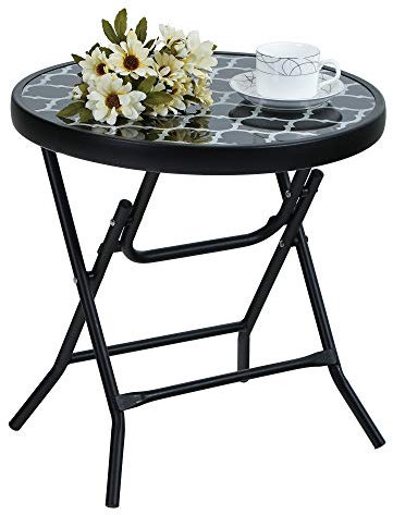 PHIVILLA Klappbar Runder Beistelltisch Glas aus Metall Gartentisch Kaffeetisch Klein Balkontisch wetterfest pflegeleicht für Balkon Garten Terrasse Wohnzimmer