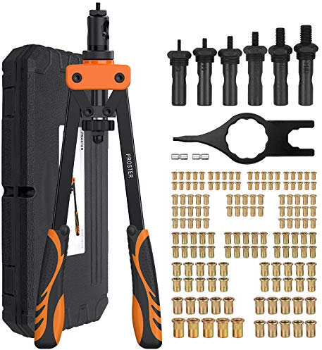 Proster Nietmutternzange Set 14 Professioneller Nietpistole Nietzange Set Doppelgriff Nietpistole mit 6 PCS Austauschbare Dorne Metrische M3 M4 M5 M6 M8 M10 und 150 PCS Nietmuttern -Orange …