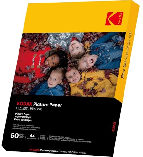 KODAK Picture Paper - Papier Photo Brillant, Pack de 50 Feuilles, Format A4 (21x29,7cm), 180g/m², Idéal pour Impressions Jet d'Encre, Couleurs Éclatantes et Contraste Élevé, Finition Haute Qualité