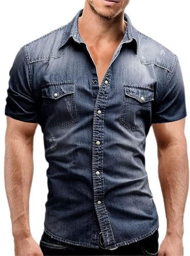 Chemise de cowboy en denim à manches courtes en coton doux avec deux poches pour homme