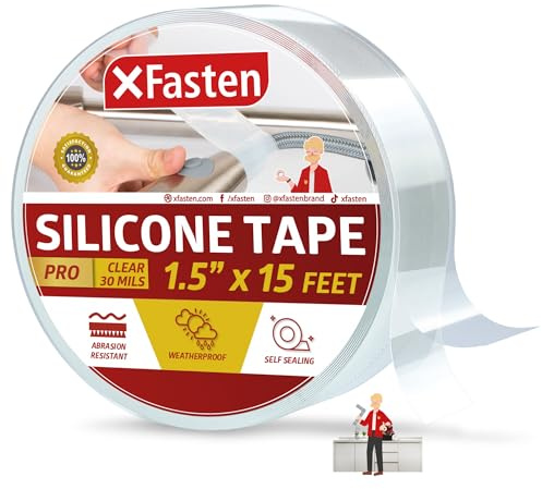 XFasten Self-fusing Silicone Tape Pro, Clear, 1.5-Inch x 15-Feet, 30mils Extreme Silicone Repair Pipe Tape for Electrical, Radiator Hose, Garden Hose, Coax Plumbers Water Seal and Stretch Tape
