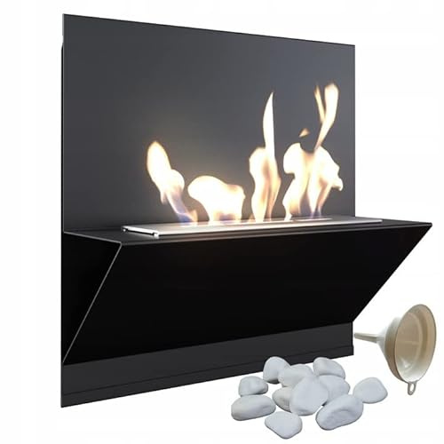 KRATKI Besta Caminetto a bioetanolo per interni + ciottoli + imbuto di riempimento | Montato a muro, contenitore Biosafe 0,25 l certificato TÜV, acciaio verniciato a polvere, nero, 45 x 45 cm