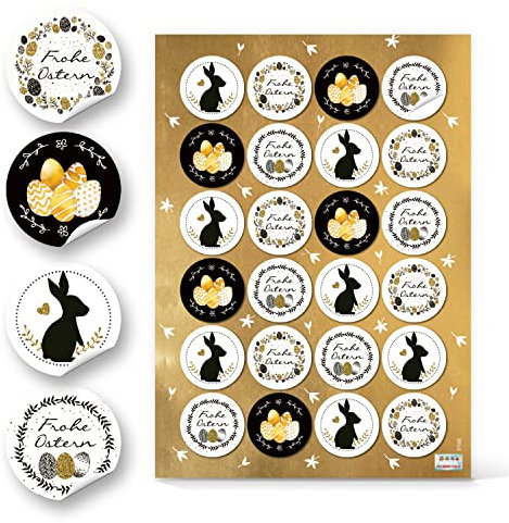 Logbuch-Verlag 24 Oster Sticker schwarz weiß gold - Osteraufkleber Ostersticker selbstklebend rund Ø 4 cm - Frohe Ostern Dekosticker
