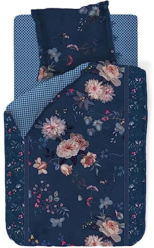Pip Studio Bettwäsche Tokyo Bouquet Dunkelblau Blumen Blüten Zweige Gepunktet Perkal Wendeoptik, Größe:155 cm x 220 cm