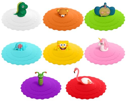 OSDUE 8 Pcs Cartoon Silicone Glass Cup Cover, Reusable Anti-dust Cup Covers, Food-grade Silicone Drink Glass Cup Lids, Kawaii Creative Round Mug Cover for Coffee, Mug, Anti-dust, Suction Seal