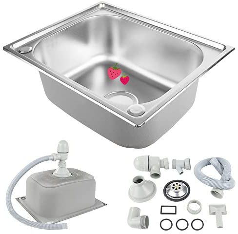 Lavello da cucina Vasca singola in Acciaio Inox Spazzolato, Caravan Lavandino, Lavello appoggio inox piano con sifone e piletta (50 * 40 * 20cm)