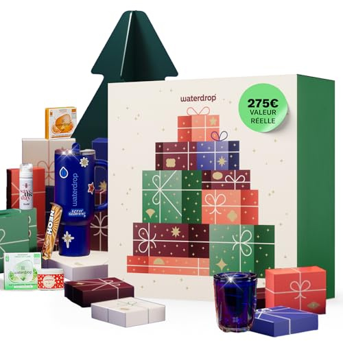 waterdrop® Calendrier de l'Avent 2025 - Édition Limitée - 25 Jours de Surprises: Pastilles de Boisson, Accessoires & Gourde Isotherme 1.1L, Produits de 5 Marques Partenaires, Coffret Cadeau